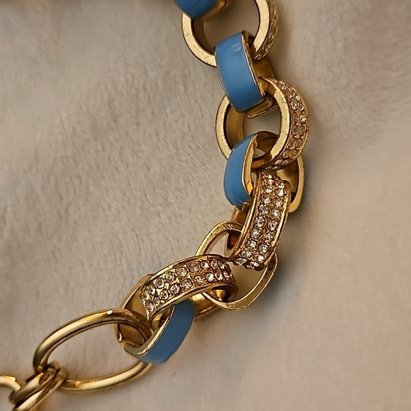 Vintage 1990s Chunky Rhinestone Turquoise Blue Enamel Circle Link Chain Necklace - Picture 3 of 7